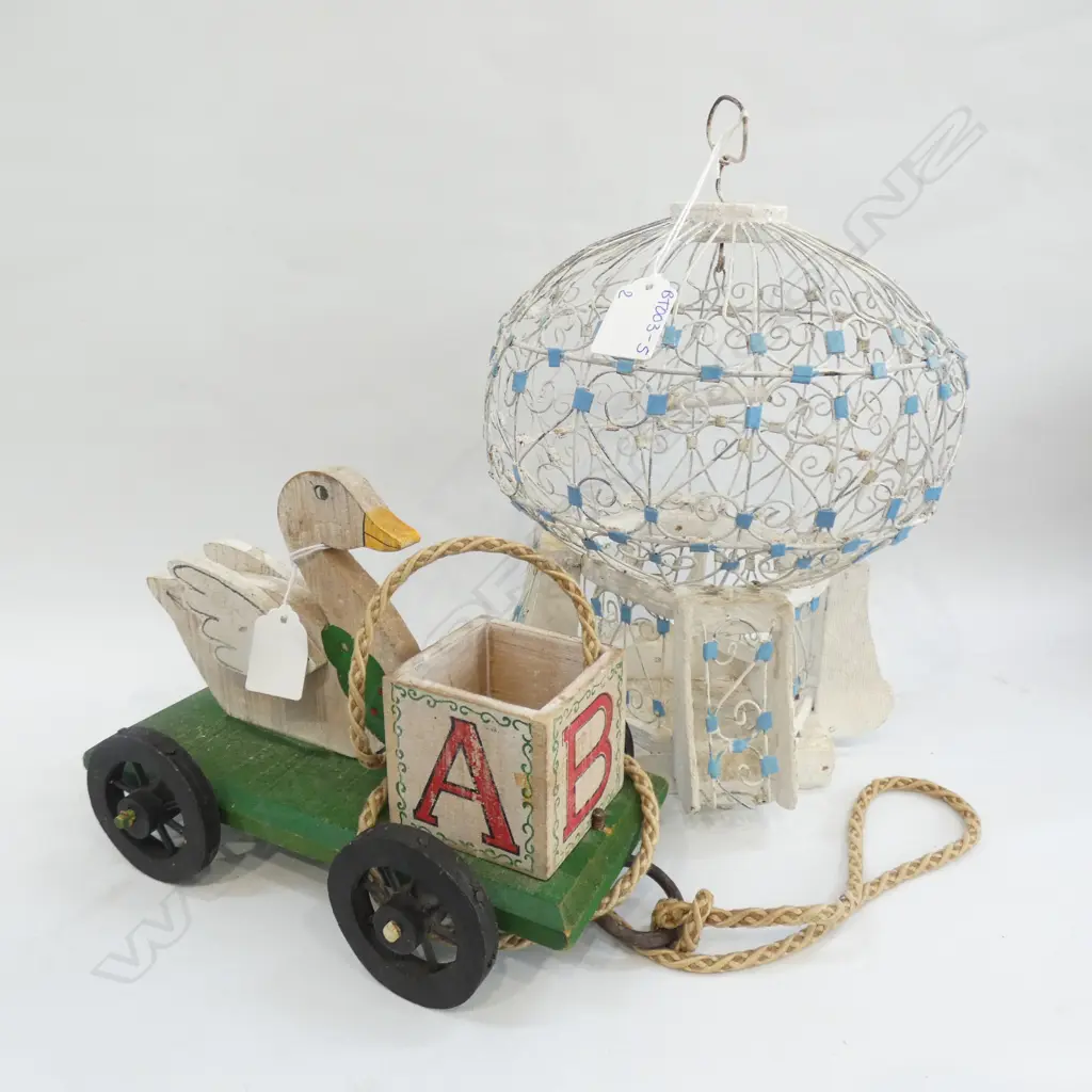 SM DECORATIVE BLUE & WHITE BIRD CAGE (H 310MM) & OLD PULL-ALONG DUCK TOY CART L  Image 1++