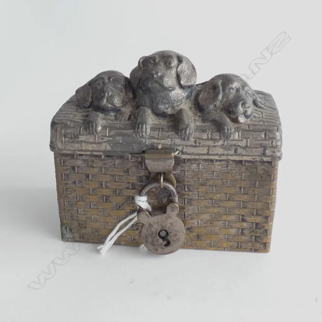 EARLY 20THC METAL MONEY BOX 3 DOGS IN A BASKET Image 1++