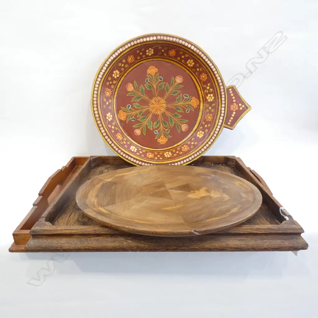 4 WOODEN TRAYS; 1 PAINTED, 2 INLAID & 1 OAK 510 X 350MM Image 1++