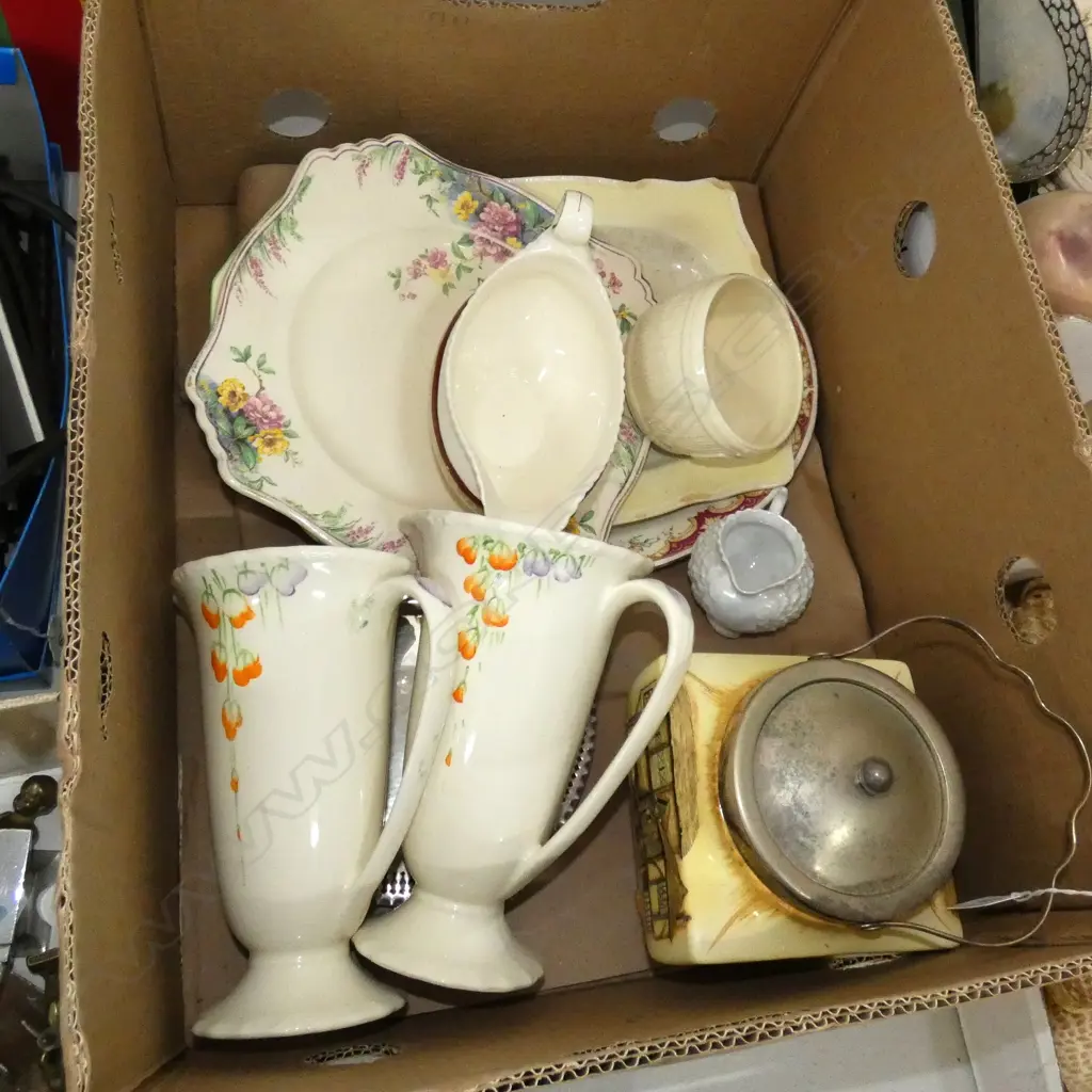BOX LOT ASST VINTAGE CHINA; JUGS / BISCUIT BARRET ETC.. Image 1++