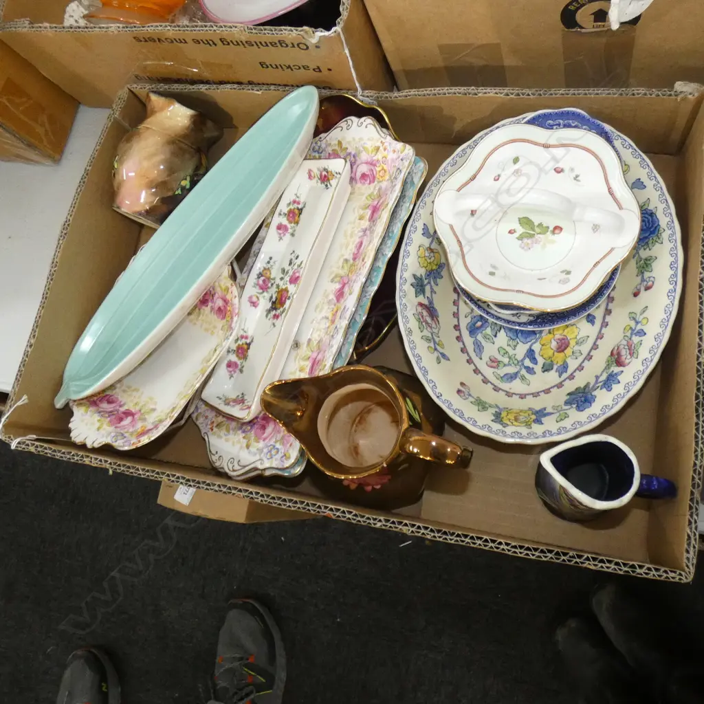 BOX LOT ASST. CERAMICS; MASONS, POOLE, ROYAL ALBERT ETC Image 1++