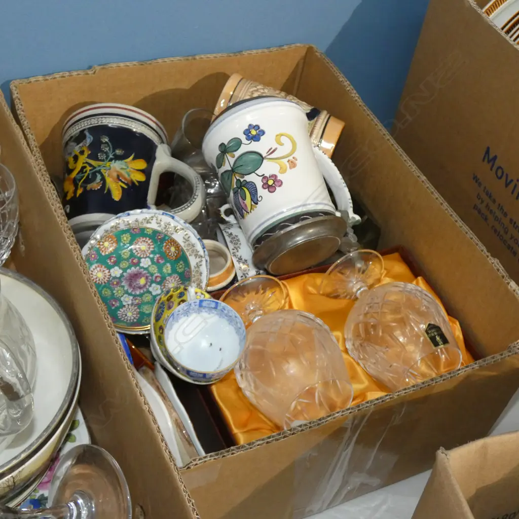 BOX LOT ASST. CERAMICS; TANKARDS ETC Image 1++