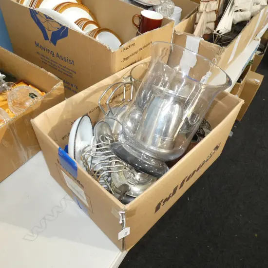 BOX LOT ASST. EP, ICE BUCKET, HURRICANE LAMP ETC