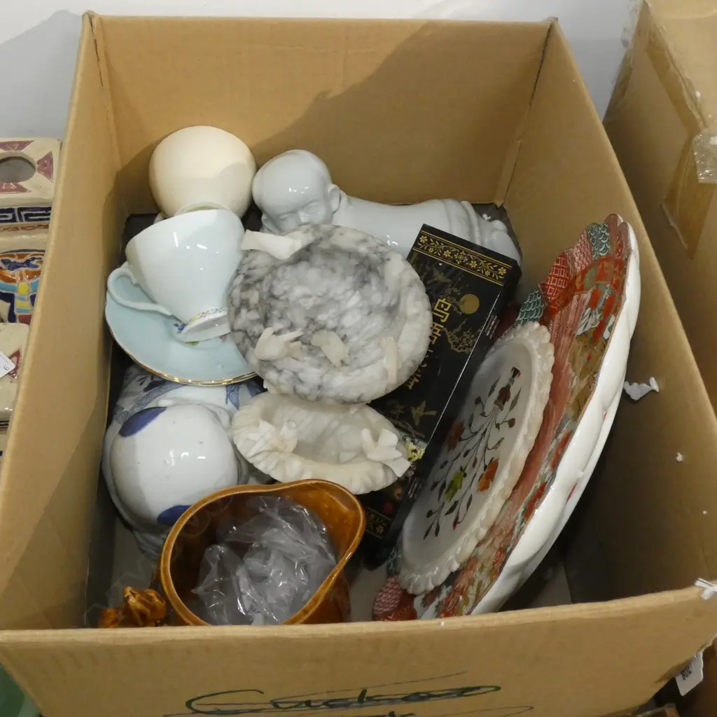 BOX LOT ASST. ORIENTAL ITEMS; CERAMIC PILLOWS, JUG, MINI SCREEN, MARBLE ETC Image 1++