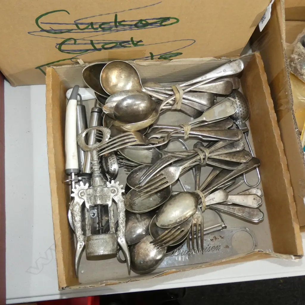 BOX OLD SILVER PLATE CUTLERY ETC.. Image 1++