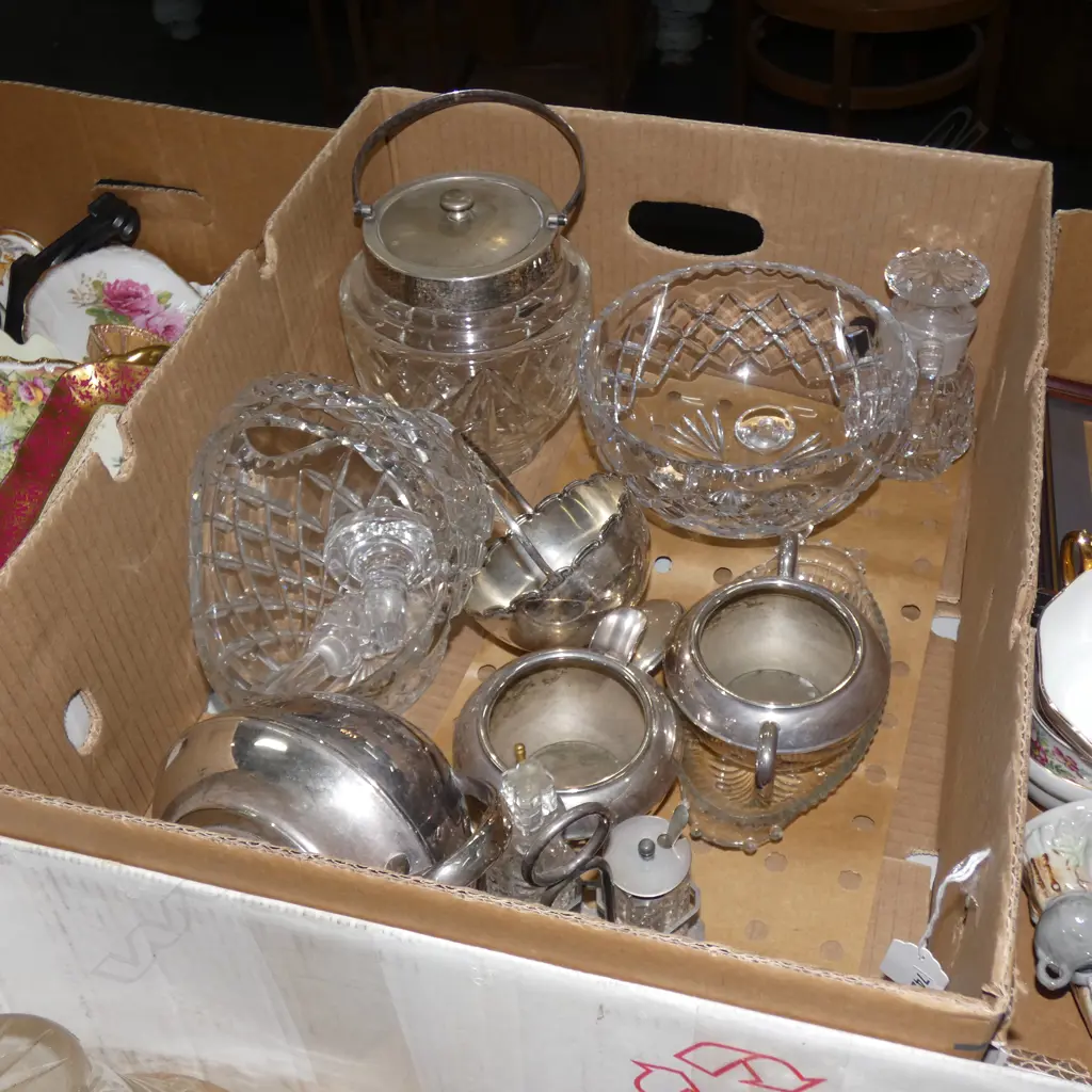 BOX ASST SILVER PLATE & GLASS; TEA SET / CRUET  ETC Image 1++