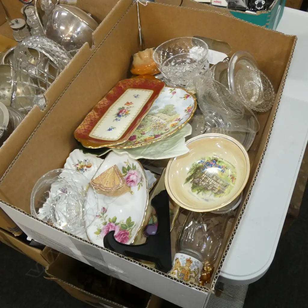 BOX LOT ASST GLASS, CRYSTAL & CHINA ETC. INCL. AYNSLEY / ROYAL ALBERT  Image 1++