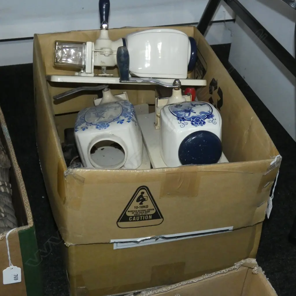 BOX LOT ASST. VINTAGE DELFT COFFEE WALL GRINDERS Image 1++