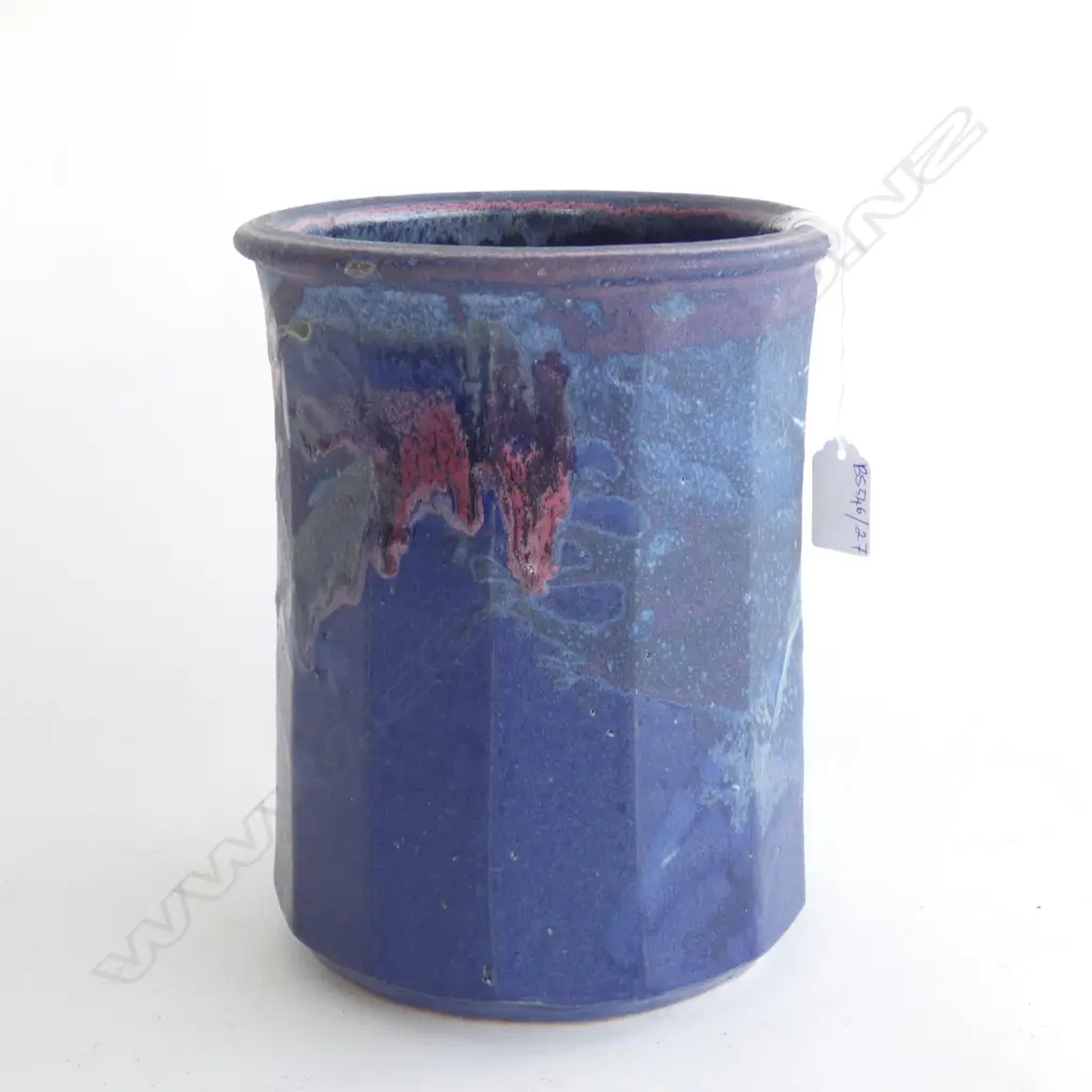 DAVID HUFFMAN FACETED BLUE + COLOURED GLAZE LARGE VASE H.225mm Image 1++