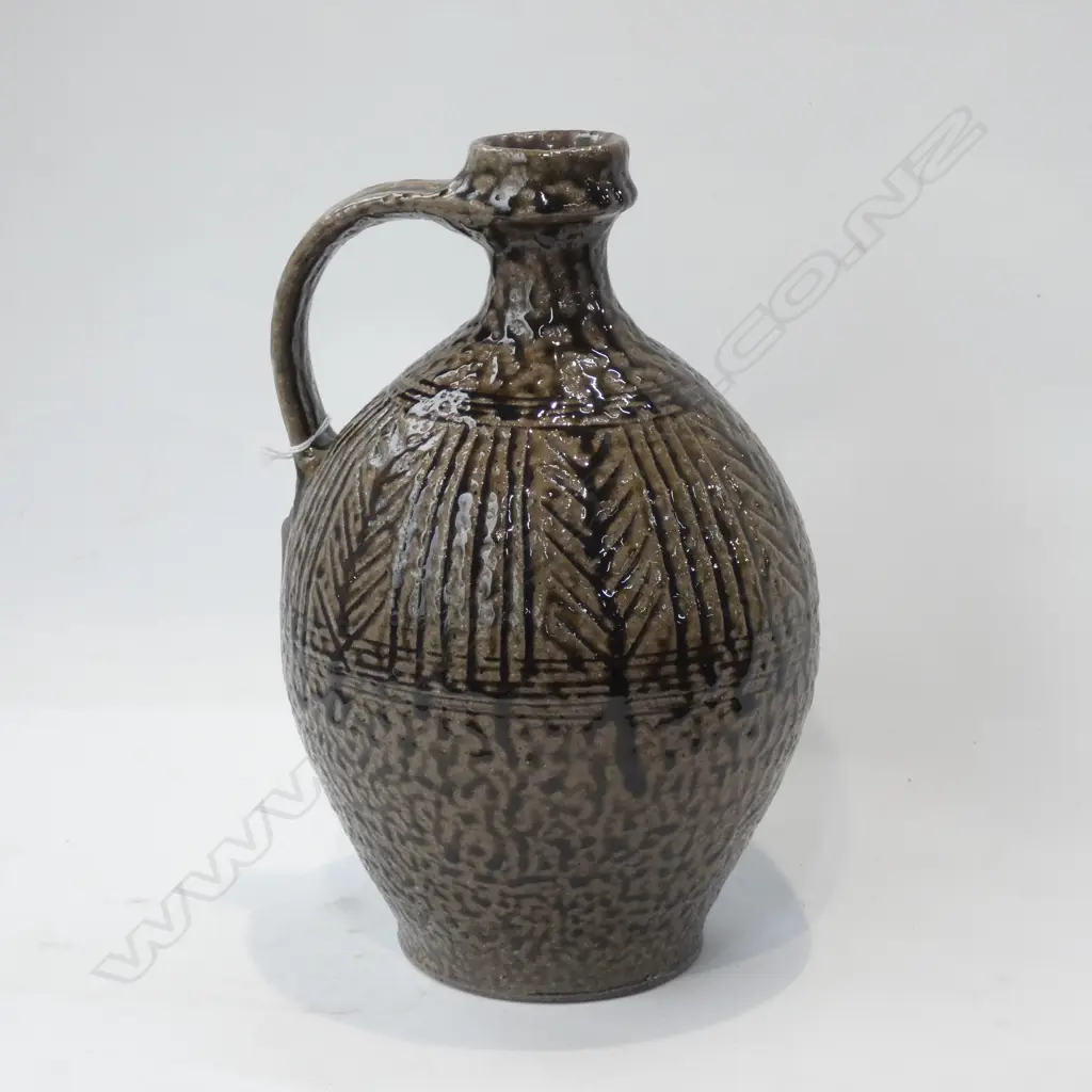 MIREK SMISEK SALT GLAZED & DECORATED OVOID WINE BOTTLE H.280mm PRESSED SUN MARK  Image 1++