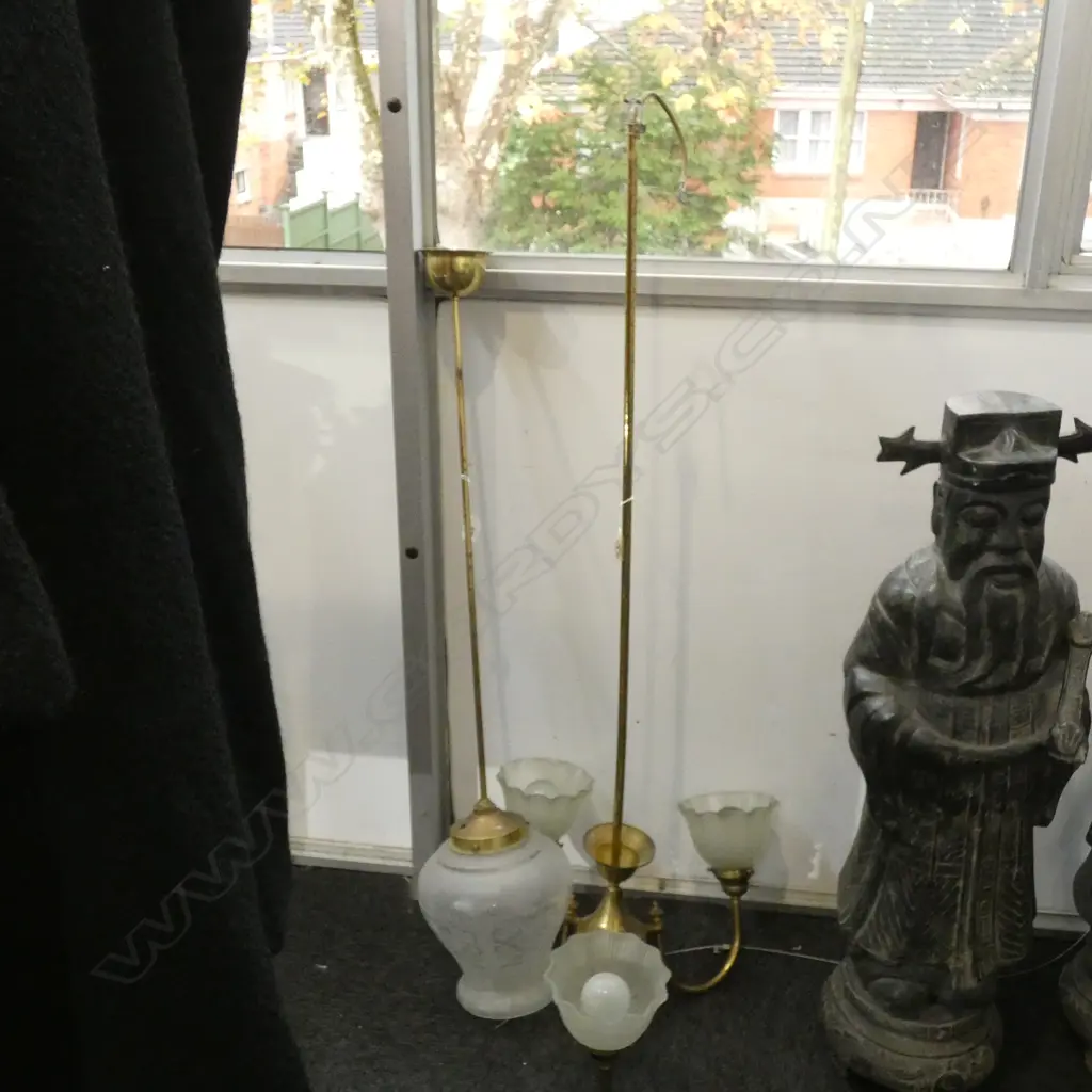 TWO BRASS PENDANT LIGHTS w GLASS SHADES; 1 SINGLE & 1 w 3 ARMS  Image 1++