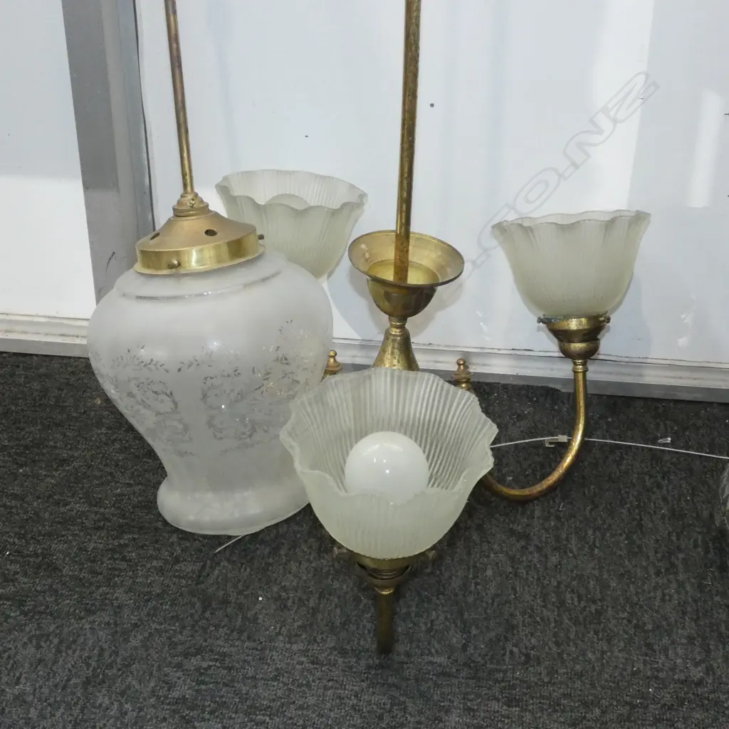 TWO BRASS PENDANT LIGHTS w GLASS SHADES; 1 SINGLE & 1 w 3 ARMS  Image 1++