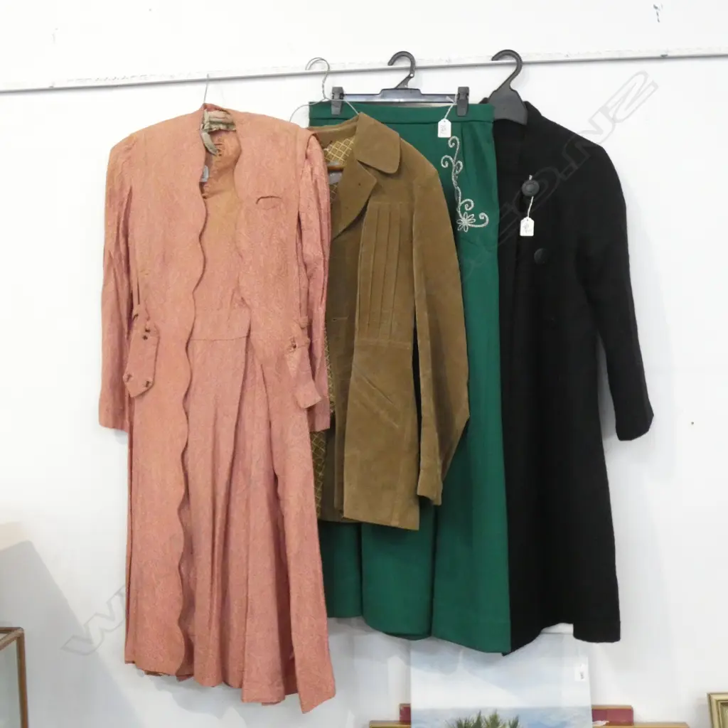 ASST VINTAGE CLOTHES; DRESS w COAT / SKIRT / BLACK WOOL COAT & RETRO SUEDE COAT Image 1++