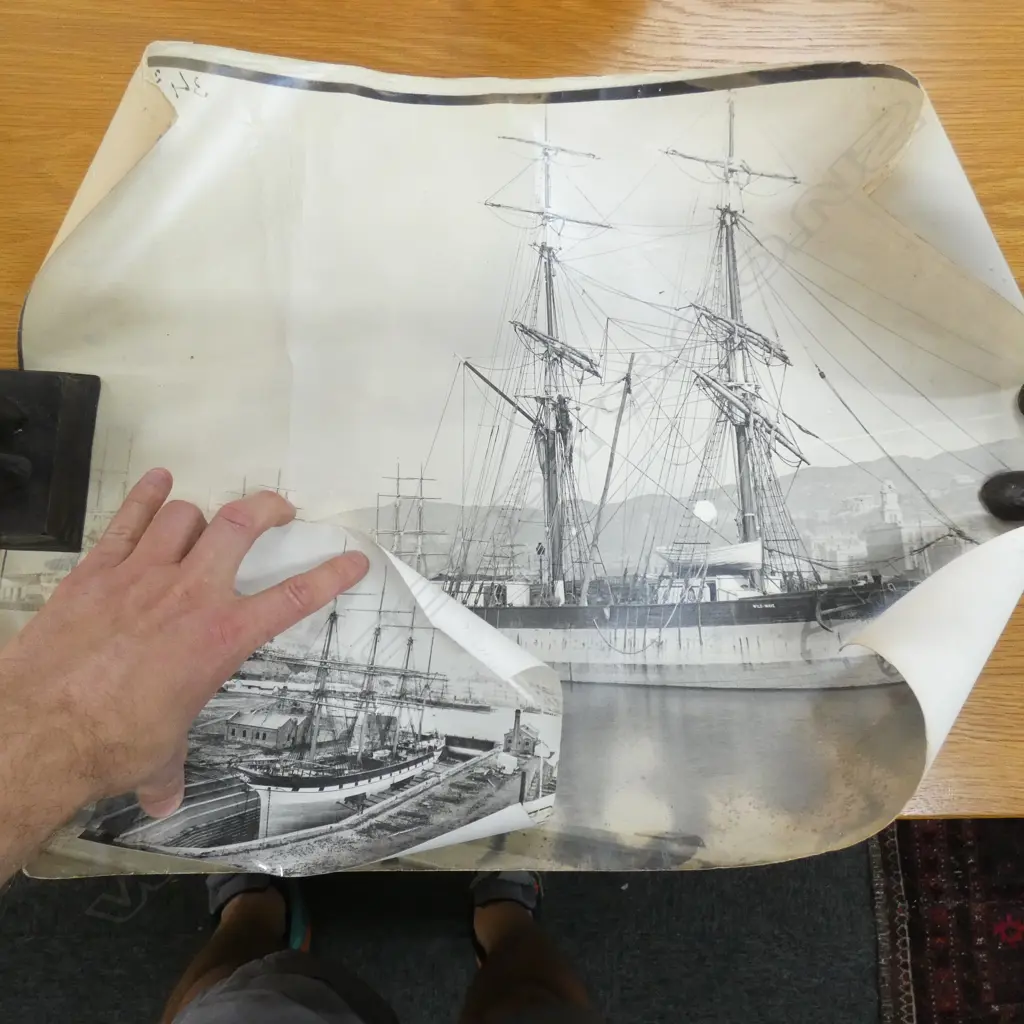 UNFRAMED PHOTO PRINT OF BURTON BROs GLASS PLATE NEG 'PORT CHALMERS c.1880' & ANOTHER OF SAILING SHIP IN DRY DOCK.  Image 1++