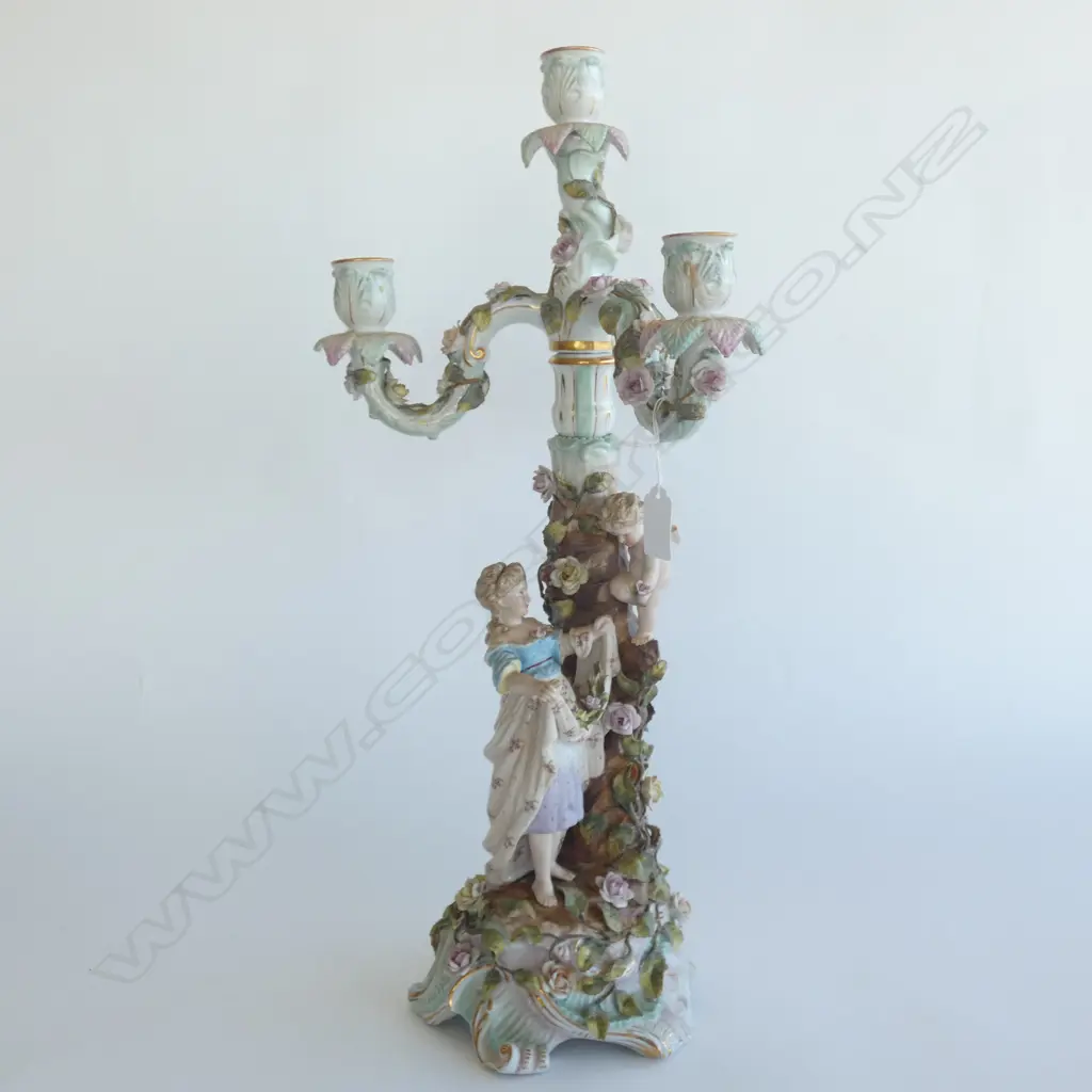 VINTAGE GERMAN FIGURUAL 4 STEM CANDELABRA - APPLIED FIGURES; CHERUB / LADY & FLOWERS H. 525MM Image 1++