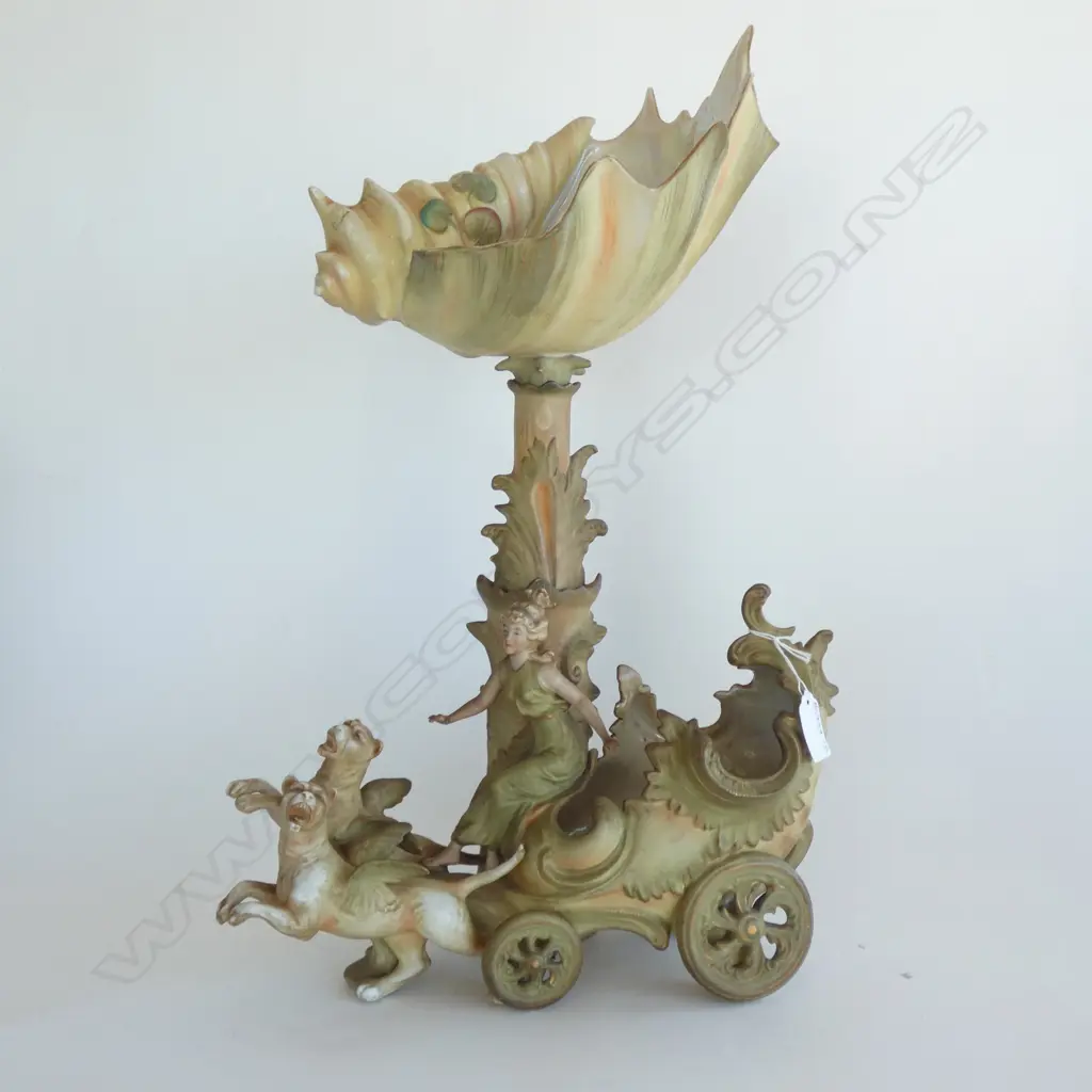 LG PORCELAIN BISQUE CENTRE PIECE - LADY ON CARRIAGE w WINGED TIGERS - LARGE SHELL BOWL AT TOP H 510MM Image 1++