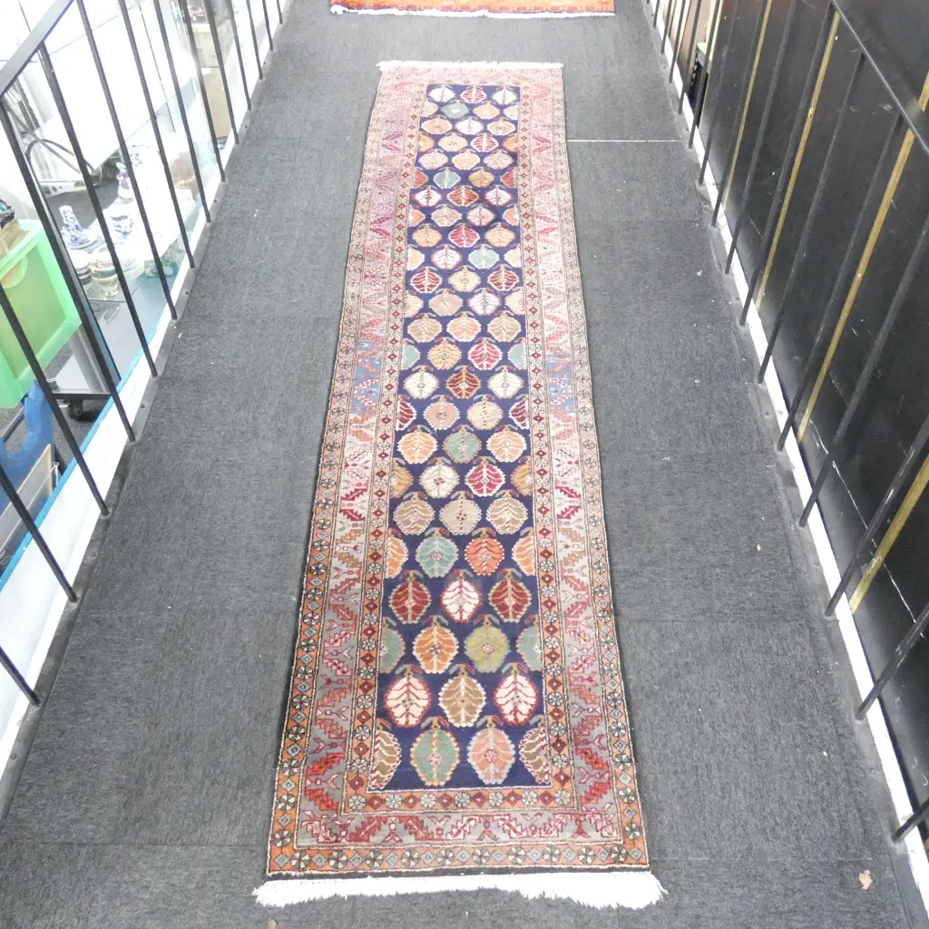 HAND KNOTTED IRANIAN ARDEBIL RUNNER, WOOL ON COTTON, THE FIELD DECORATED w BOTEH MOTIFS ON INDIGO GROUND, 3080 x 780mm Image 1++