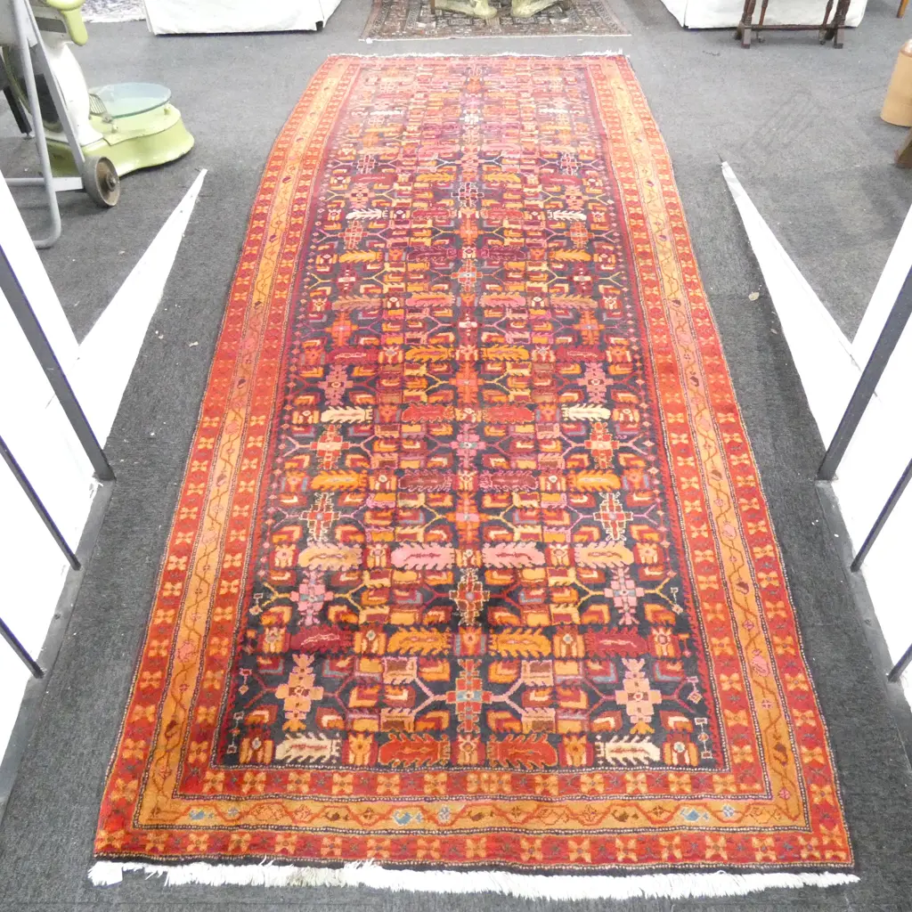 HAND KNOTTED CAUCASIAN BROAD RUNNER, GEOMETRIC PATTERN ON INDIGO GROUND w TRIPLE BORDERS. 3300 x 1420mm Image 1++