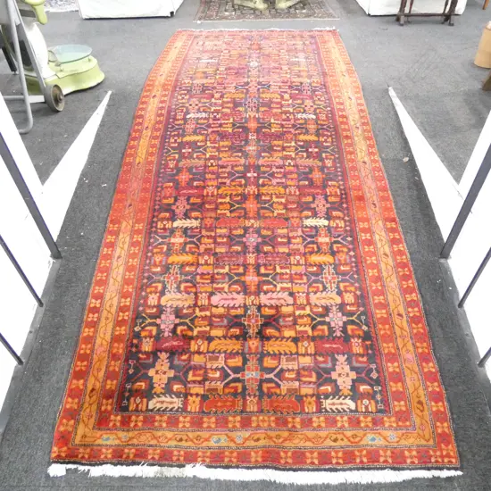 HAND KNOTTED CAUCASIAN BROAD RUNNER, GEOMETRIC PATTERN ON INDIGO GROUND w TRIPLE BORDERS. 3300 x 1420mm