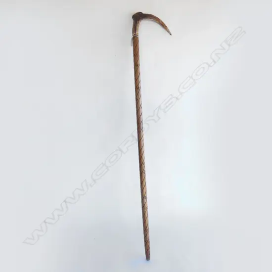 CARVED WOODEN WALKING STICK WITH ANTLER HANDLE 