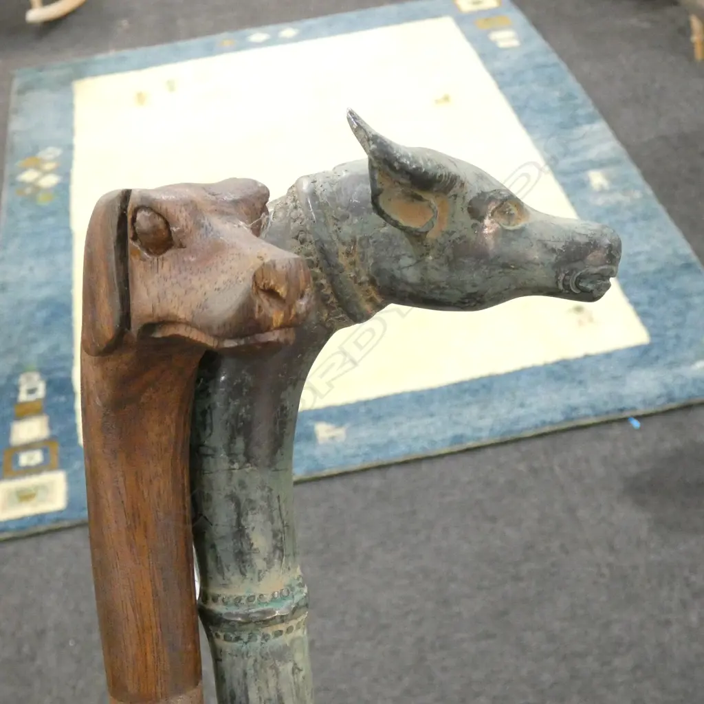 2 WALKING STICKS; CARVED WOODEN DOG HEAD & BRONZE BUFFALO L.950mm Image 1++