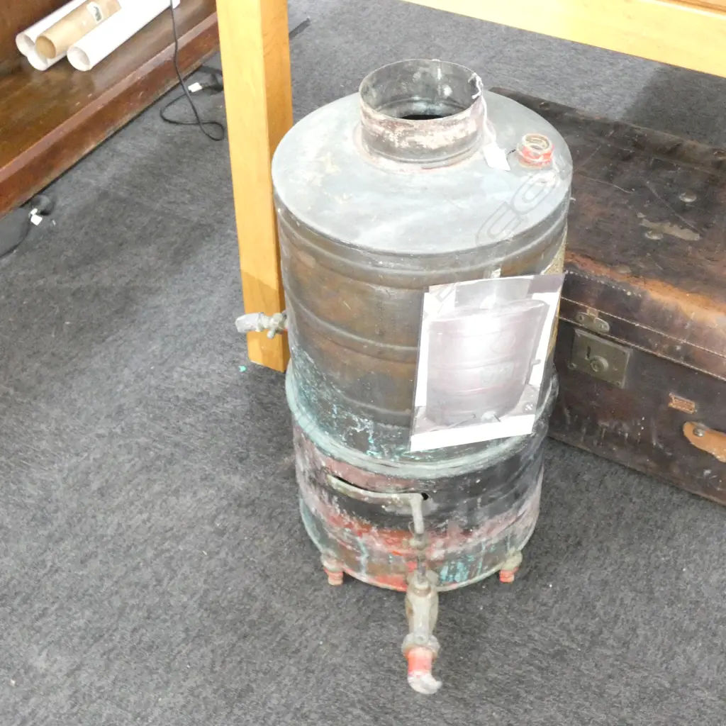 VICTORIAN COPPER GAS APPLIANCE BY FLETCHER & RUSSELL, LONDON; BRASS PLAQUES H. 670MM Image 1++