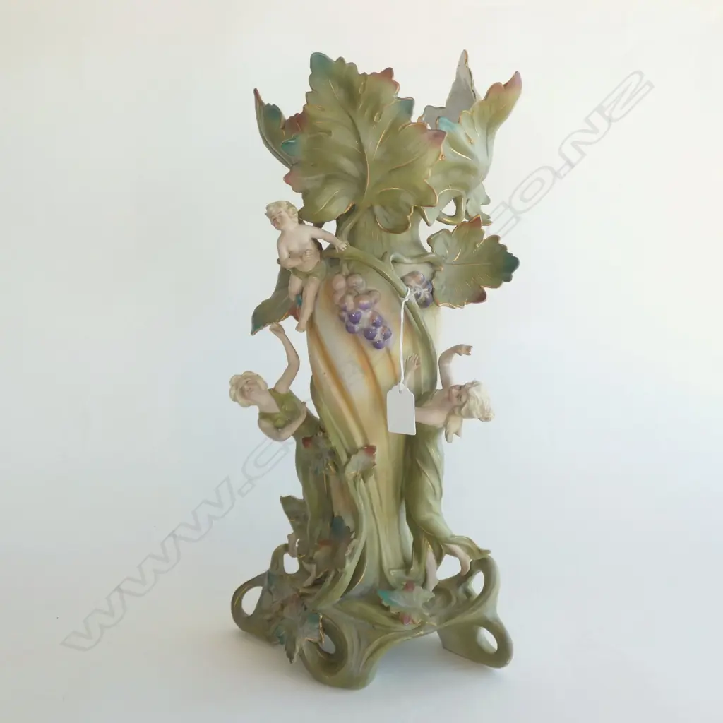 ART NOUVEAU STYLE LG BISQUE VASE w LADIES, CHERUB & VINES H. 475MM Image 1++