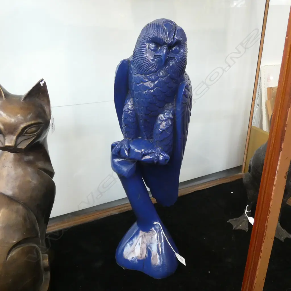 BLUE PAINTED CARVED WOODEN OWL ON BRANCH H.600mm Image 1++