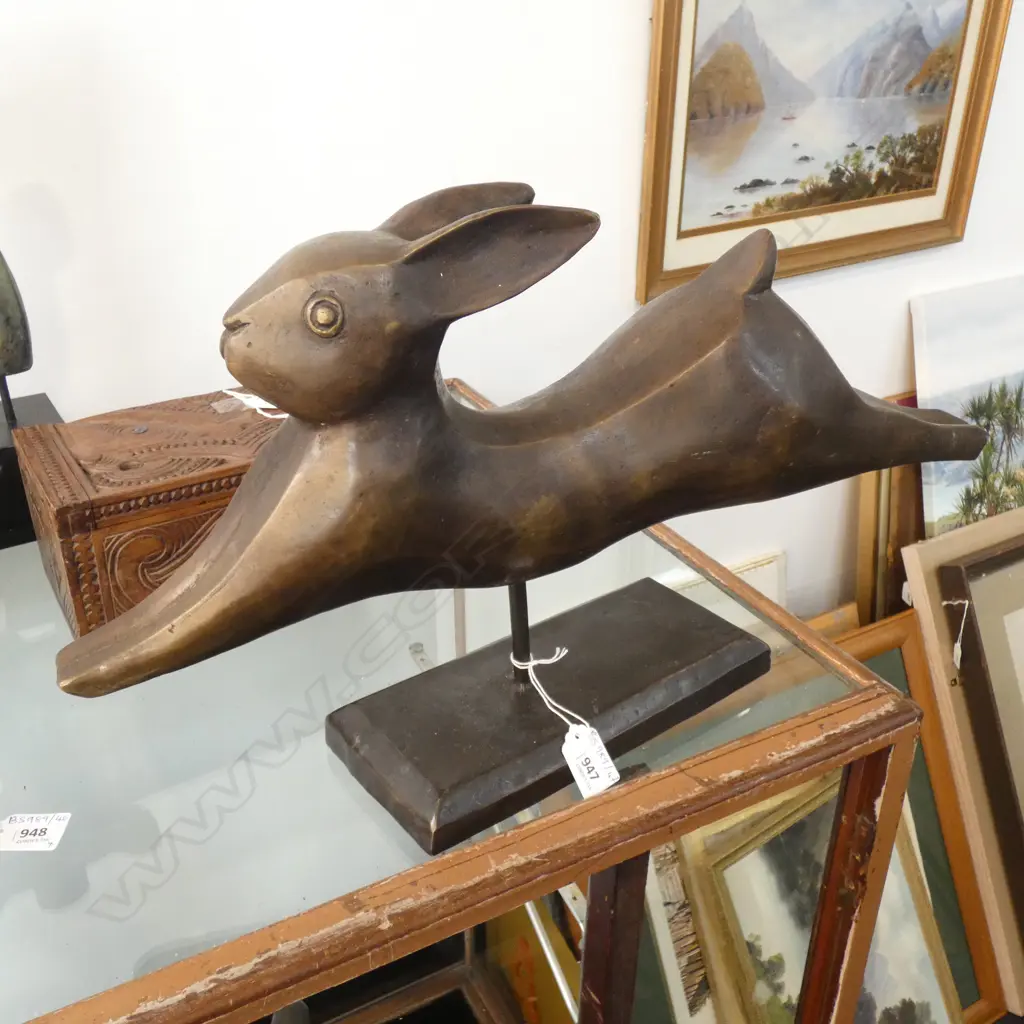BRONZE STYLISED RABBIT ON STAND L.505mm Image 1++