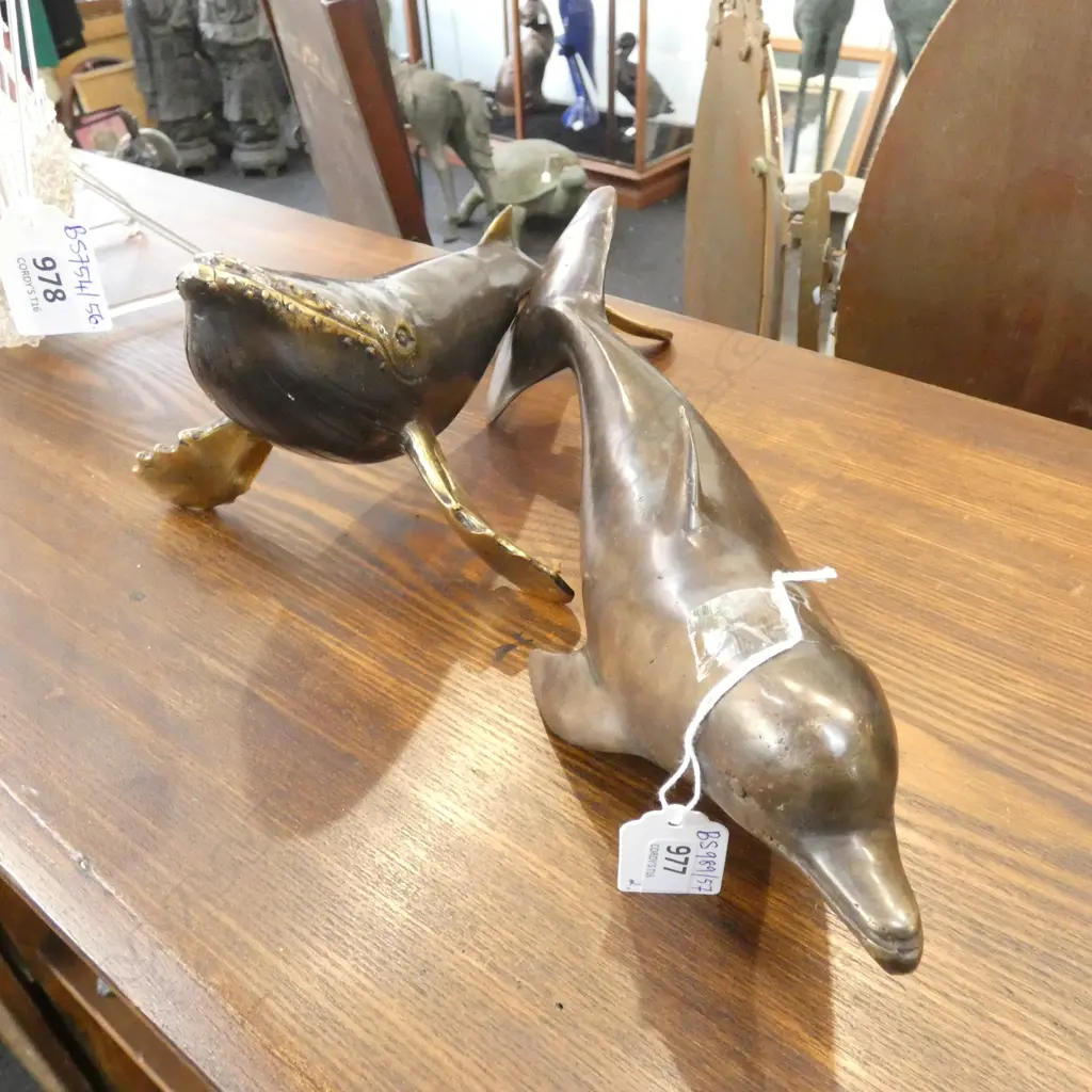 2 BRONZES; SPERM WHALE & DOLPHIN L.305mm Image 1++