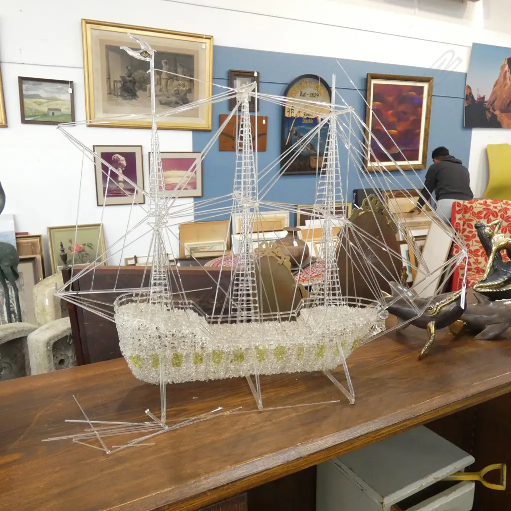 SAIL BOAT MADE OF GLASS RODS H.500mm L.630mm A/F Image 1++