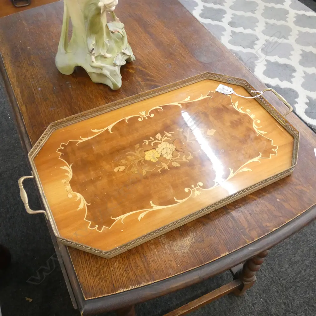INLAID WOOD BRASS RIMMED TRAY 535MM Image 1++