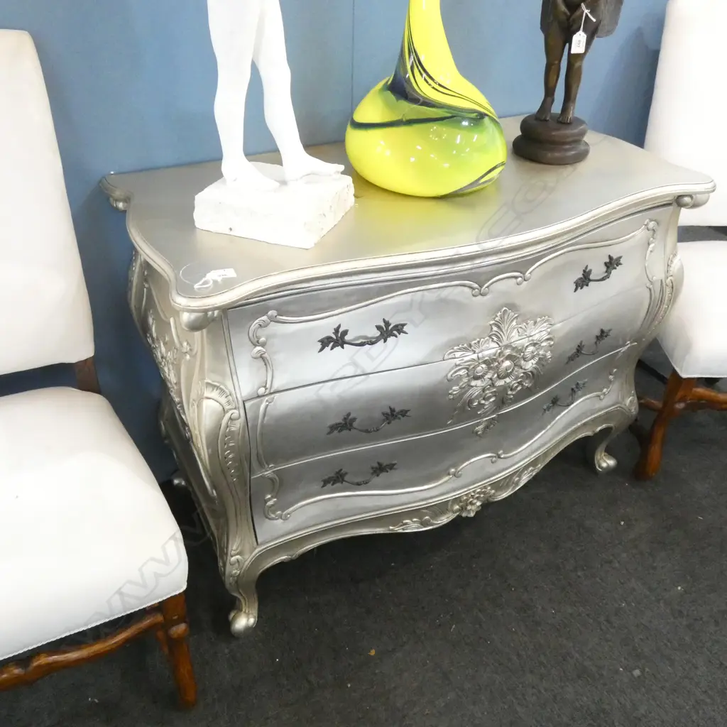 A LOUIS STYLE CARVED BOMBE COMMODE w. SILVER WASH PAINT & BRASS HANDLES Image 1++