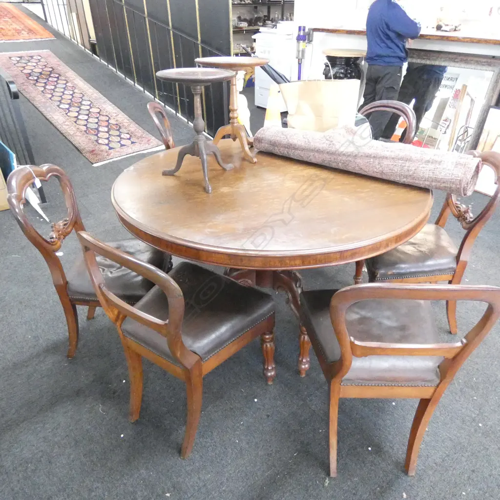 CIRCULAR VICTORIAN TABLE 1360mm dia + 6 BALLOON BACK CHAIRS LEATHER UPHOLSTERY Image 1++