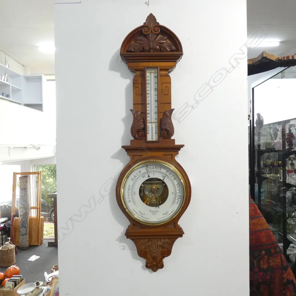 LG ORNATELY CARVED WOODEN BAROMETER & THERMOMETER H. 895MM Image 1++