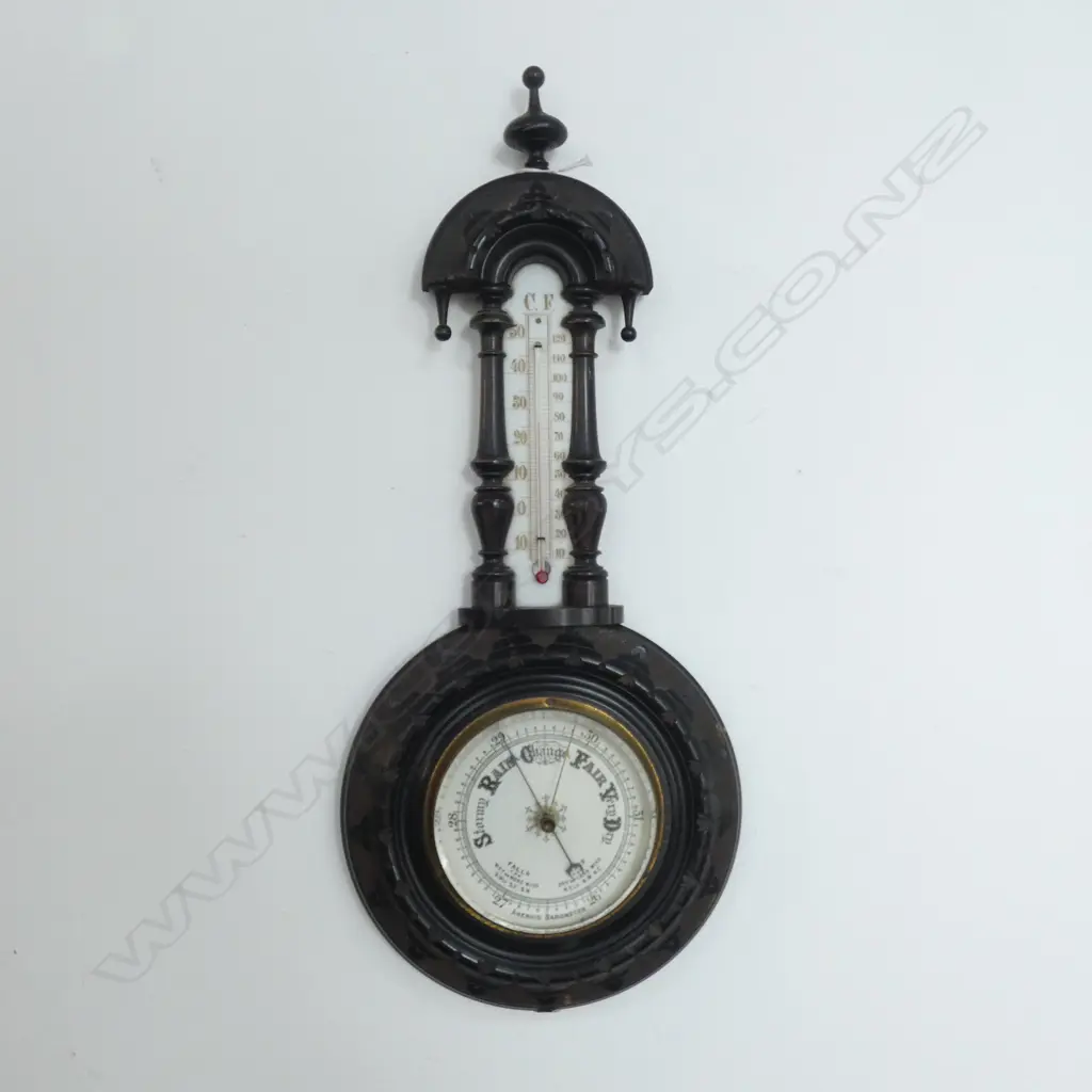 ANTIQUE BAROMETER W THERMOMETER IN CARVED WOODEN SURROUND H 500MM  Image 1++