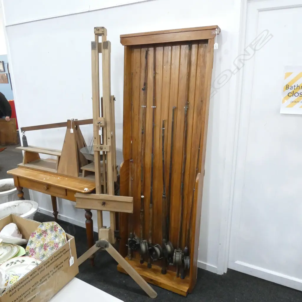 7 OLD FLY FISHING RODS IN WOODEN DISPLAY CASE 1860x720mm Image 1++