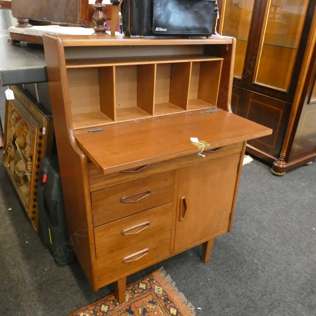 RETRO WOODEN DROP FRONT DESK W 4 DRAWERS / CUPBOARD & SHELVING L 725MM Image 1++