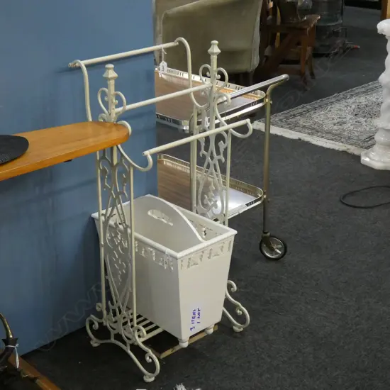 DECORATIVE CREAM PAINTED METAL TOWL RAIL L 400MM & WHITE PAINTED WOODEN MAGAZINE RACK