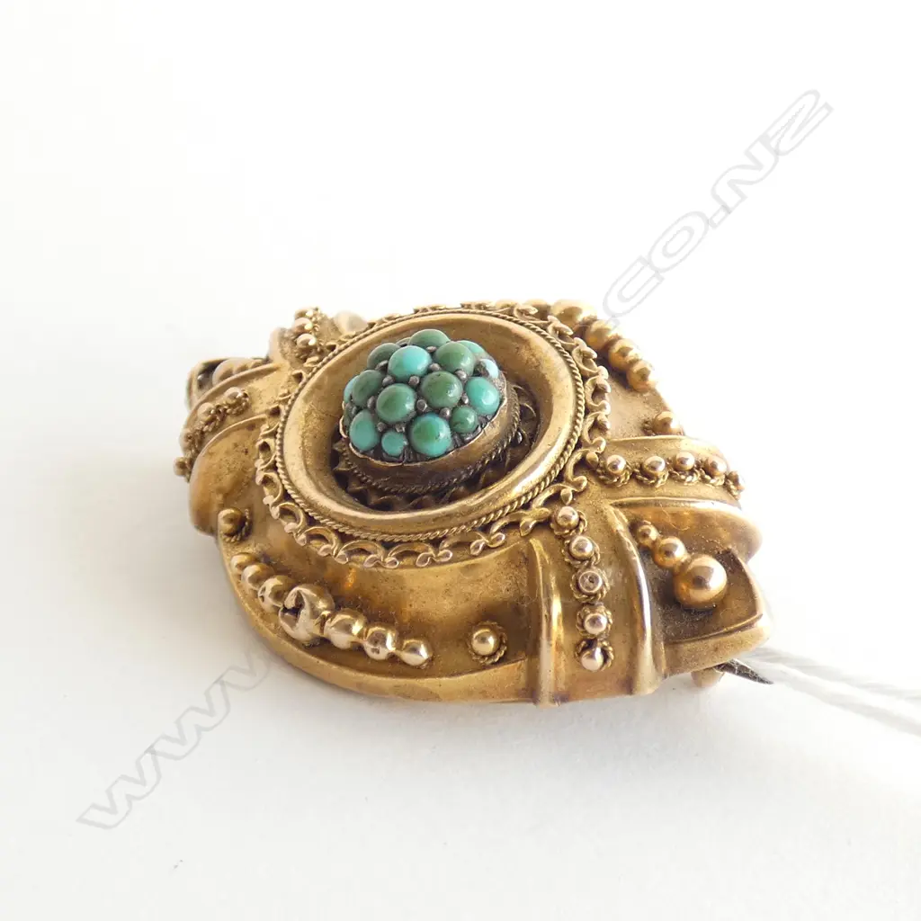 VICTORIAN PINCHBECK AND TURQUOISE BROOCH (AF) Image 1++