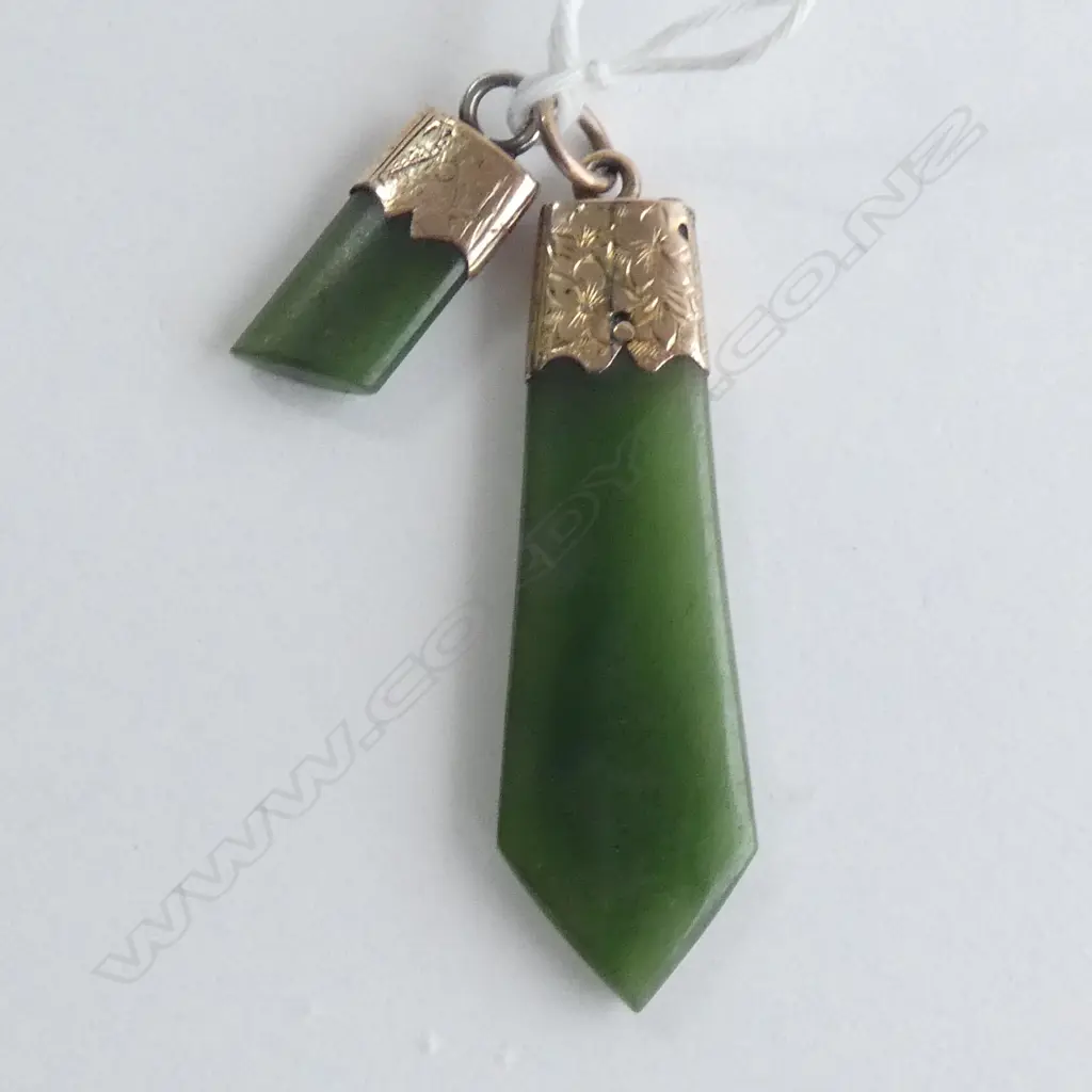2 GREENSTONE PENDANTS ONE A/F 9CT FITTINGS Image 1++