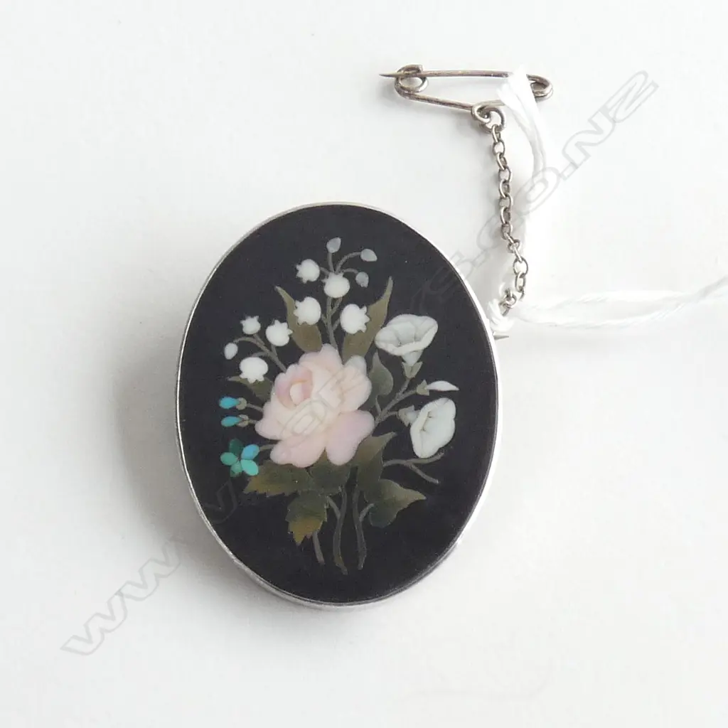 (17760) VINTAGE PETRA DURA INLAID BROOCH SILVER FRAME Image 1++
