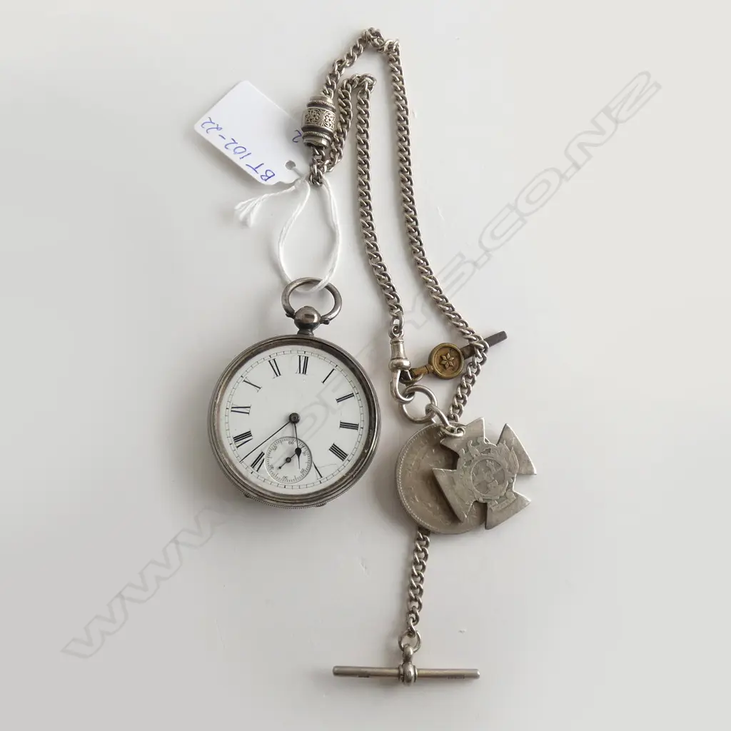 STG SILVER POCKET WATCH (NO GLASS) W SILVER FOB & 2 S.A. 1896 ALTERED SILVER COINS & WATCH KEY Image 1++