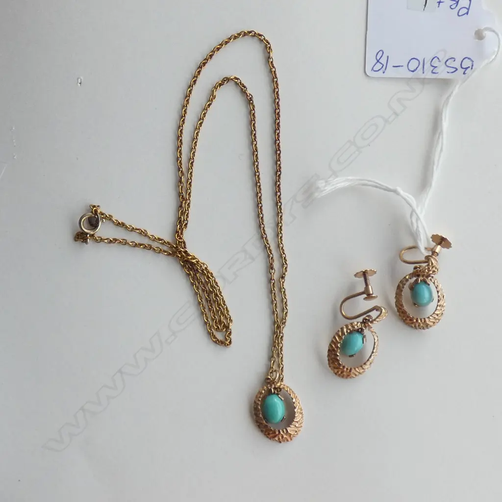 9ct GOLD, TURQUOISE SET PENDANT & EARRINGS SET (chain gold plated) Image 1++