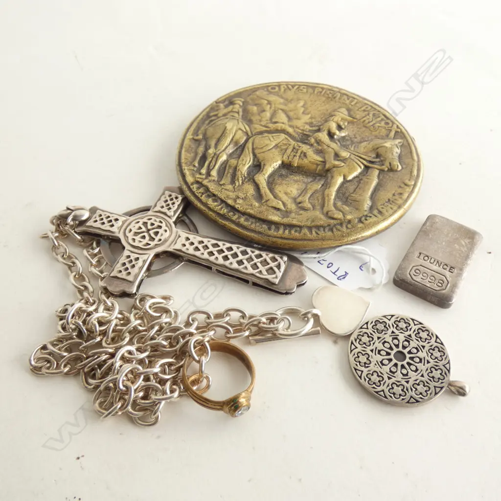 SILV CROSS (MARKED ON BALE) ON SIL (TESTED) CHAIN; FAUX DIA. RING; 1oz INGOT; SILV PENDANT, RENAISSANCE STYLE MEDAL Image 1++
