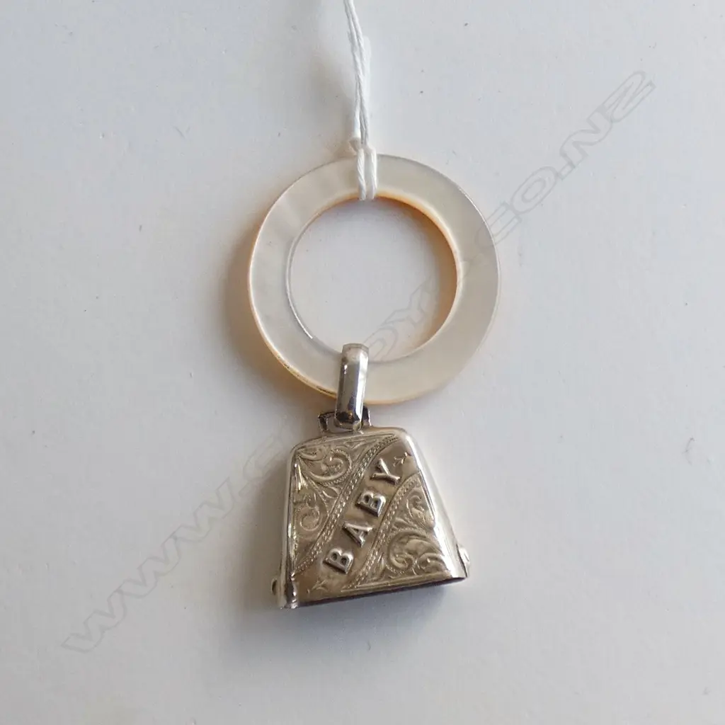 SILVER BABY BELL RATTLE WITH M.O.P. RING Image 1++
