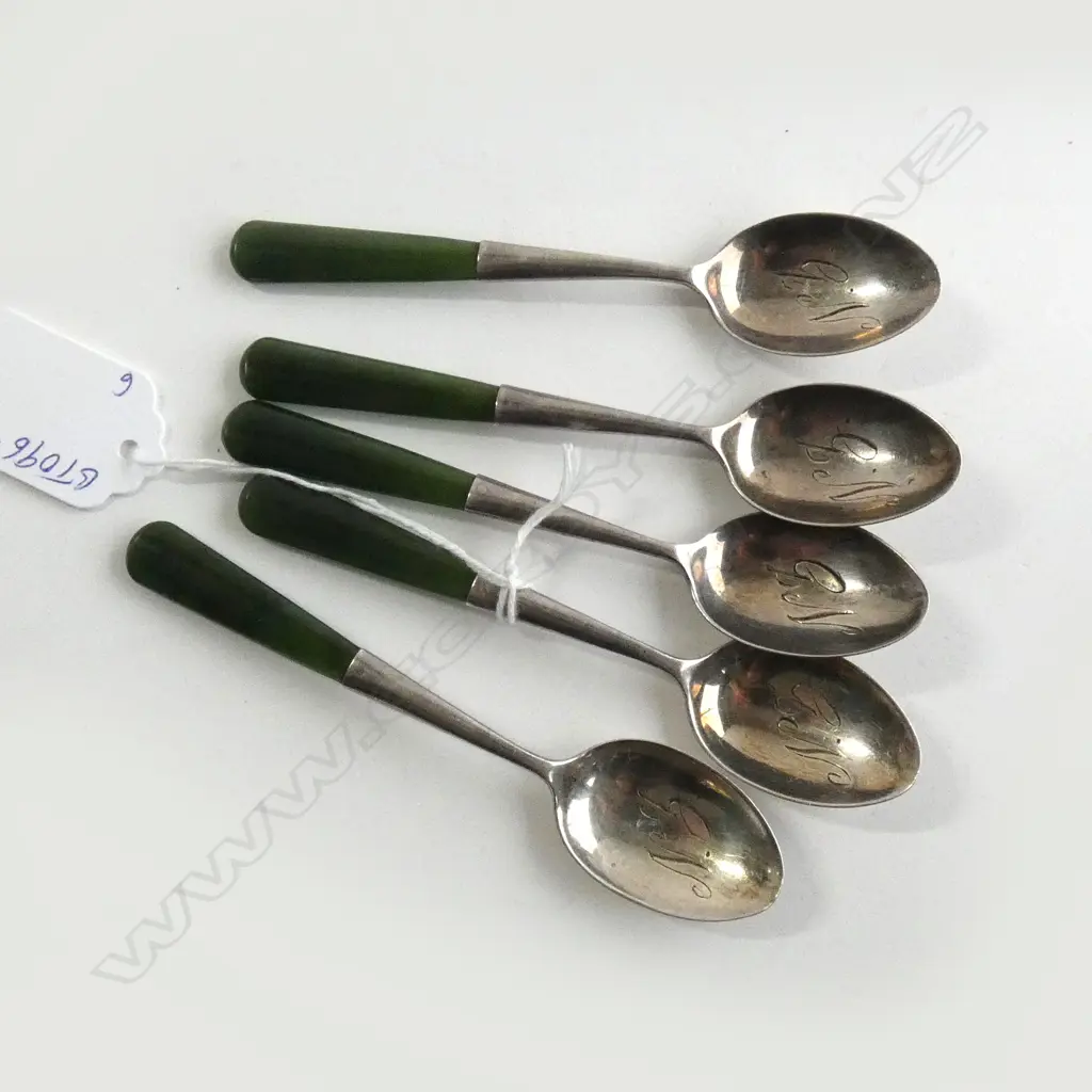 5 Joseph Swindell & sons silver and greenstone coffee spoons, Image 1++