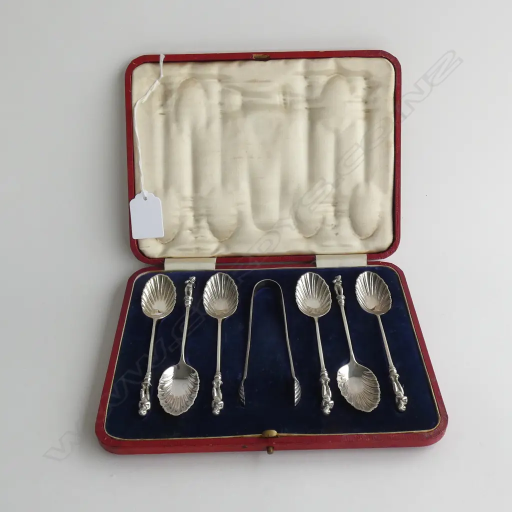 BOXED SILVER SHELL BOWL TEASPOONS WITH PUTTI TERMINALS SHEFFIELD 1904 Image 1++