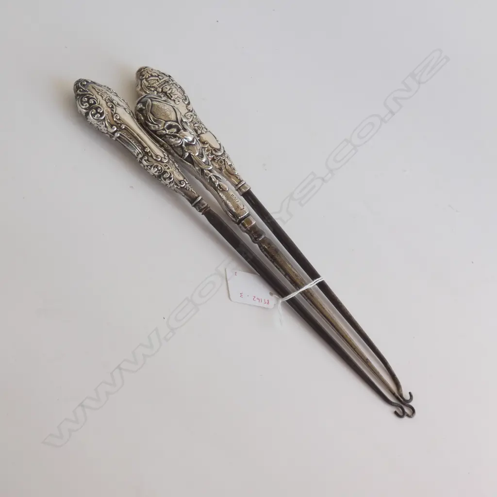 THREE ANTIQUE SILVER HANDLE BUTTON HOOKS  Image 1++