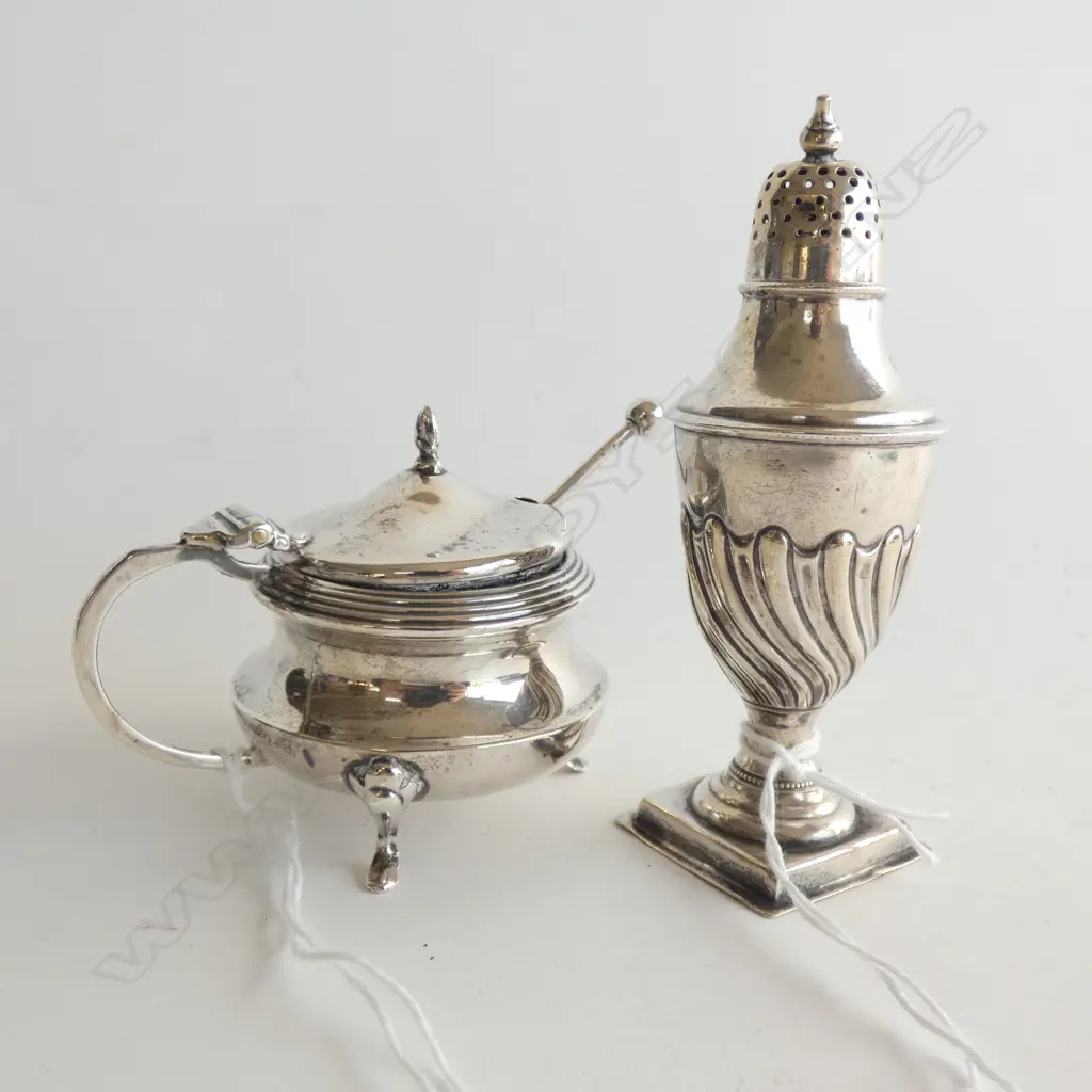 STG SILVER SALT SHAKER (H 100MM) & MUSTARD POT & SPOON w BLUE GLASS LINER  TOTAL WEIGHT 129GMS Image 1++